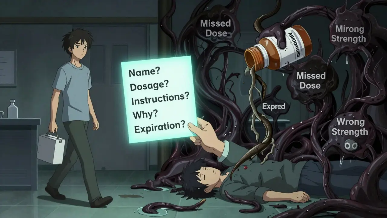 Split scene: patient collapsing from confusion over unlabeled medication vs. safety checklist glowing in air.