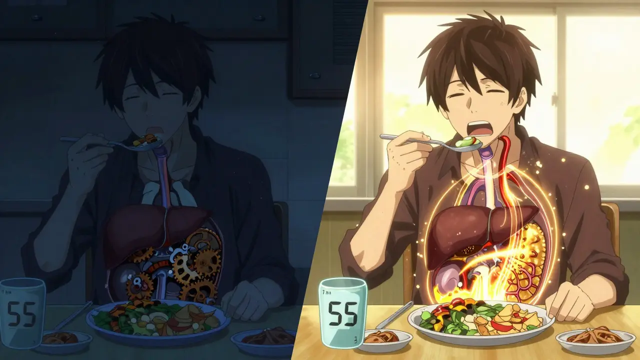 Split scene: person eating at 2 a.m. with dormant organs vs. same person eating at 7 a.m. with active glowing organs under sunlight.