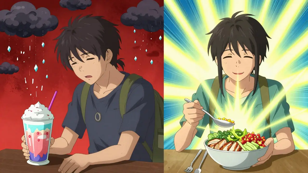 Split scene: traveler avoiding sugary smoothie vs. enjoying balanced veggie bowl with energy rays.