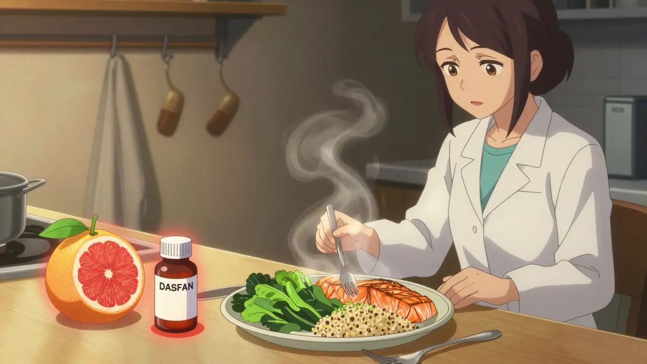 Woman preparing a healthy plate with warning halos around grapefruit and warfarin, pharmacist coat nearby.