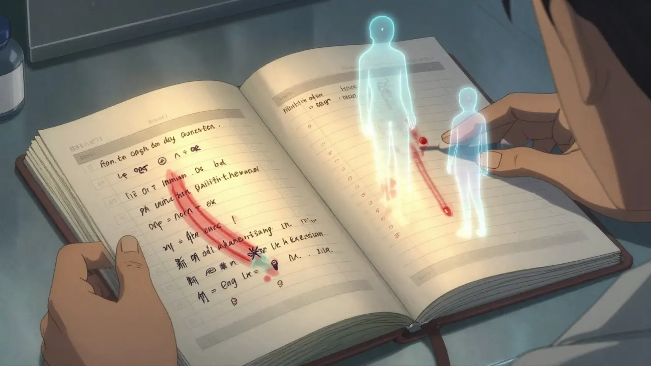A handwritten medication log glowing with hidden past side effects and genetic markers rising as spectral images.