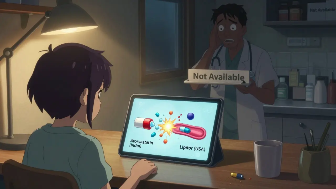 A patient in their kitchen seeing a 3D drug interaction animation on a tablet, with their doctor on video call.