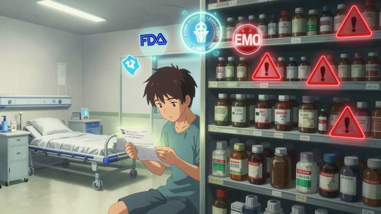 A split scene showing a clean hospital pharmacy on one side and a chaotic alley pharmacy on the other.