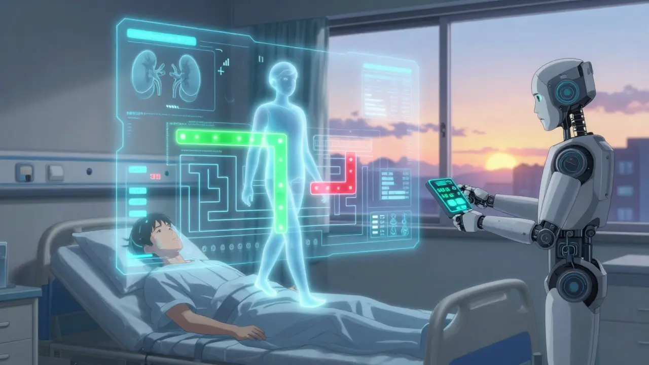AI system analyzing a heart failure patient's data, showing optimal vs. under-treated medication paths with real-time patch monitoring.