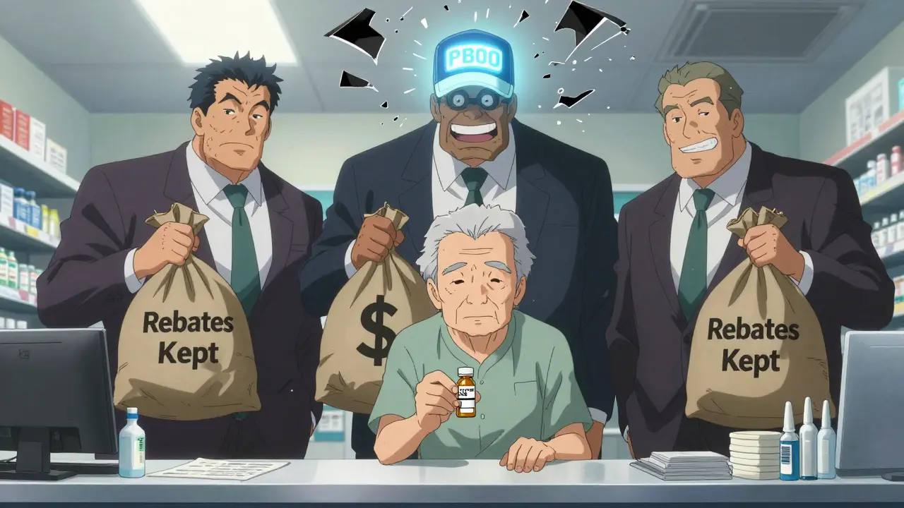 An elderly patient holds a low-cost pill while towering PBM middlemen hoard rebates.