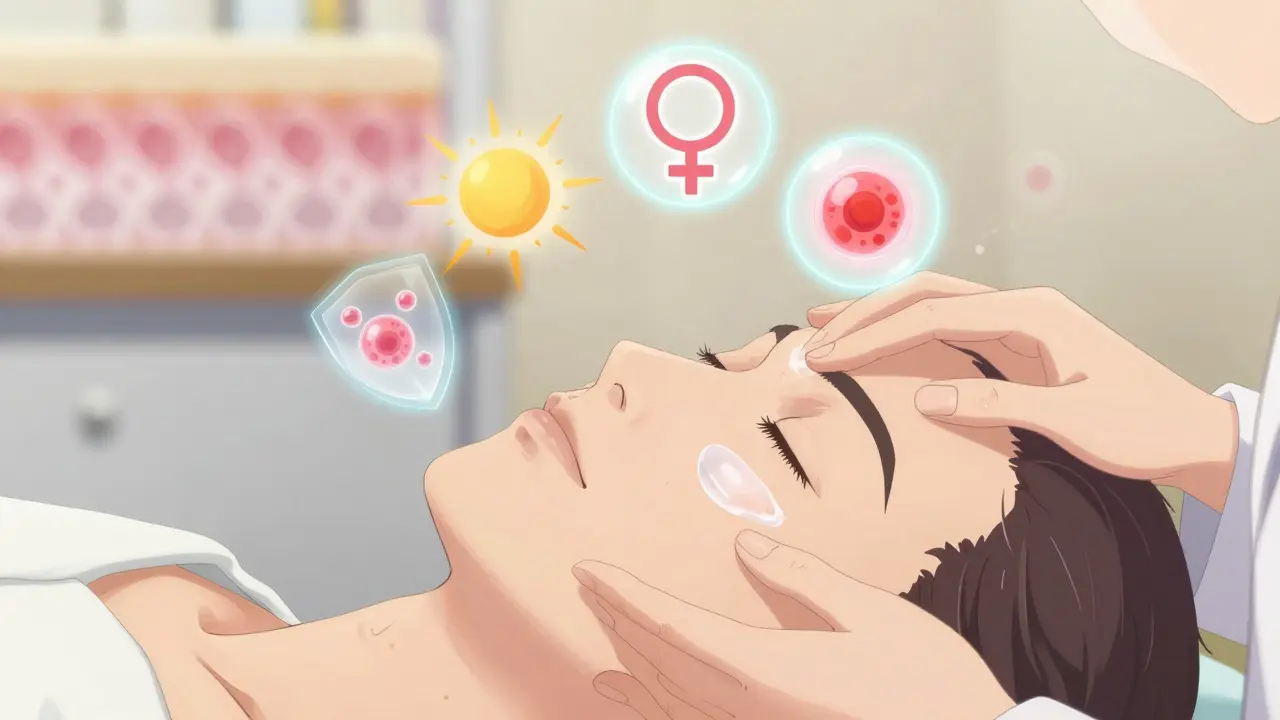 Dermatologist applying topical treatment to skin with floating symbols of sun, hormones, and melanocytes.