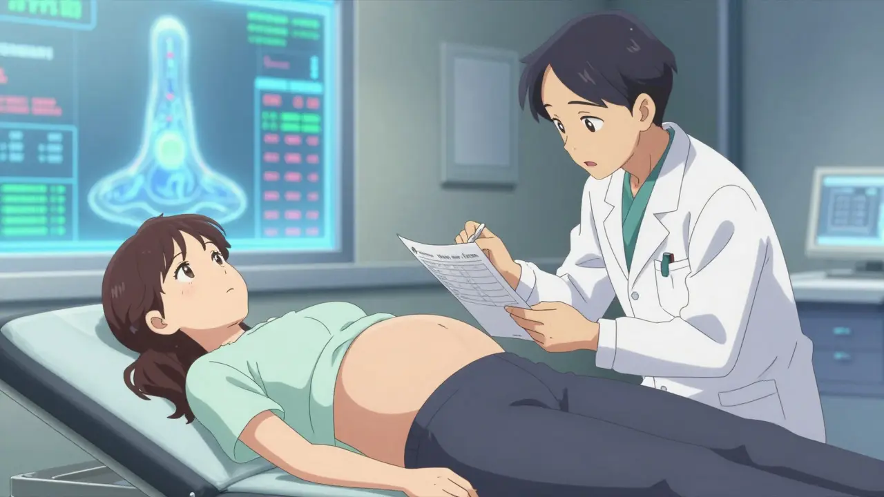 Doctors reviewing blood test results during early pregnancy for medication safety