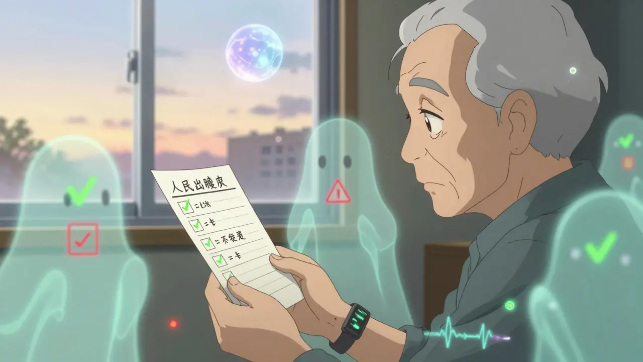 Elderly person holding medication list surrounded by ghostly drug icons, smartwatch emitting a heartbeat pulse.