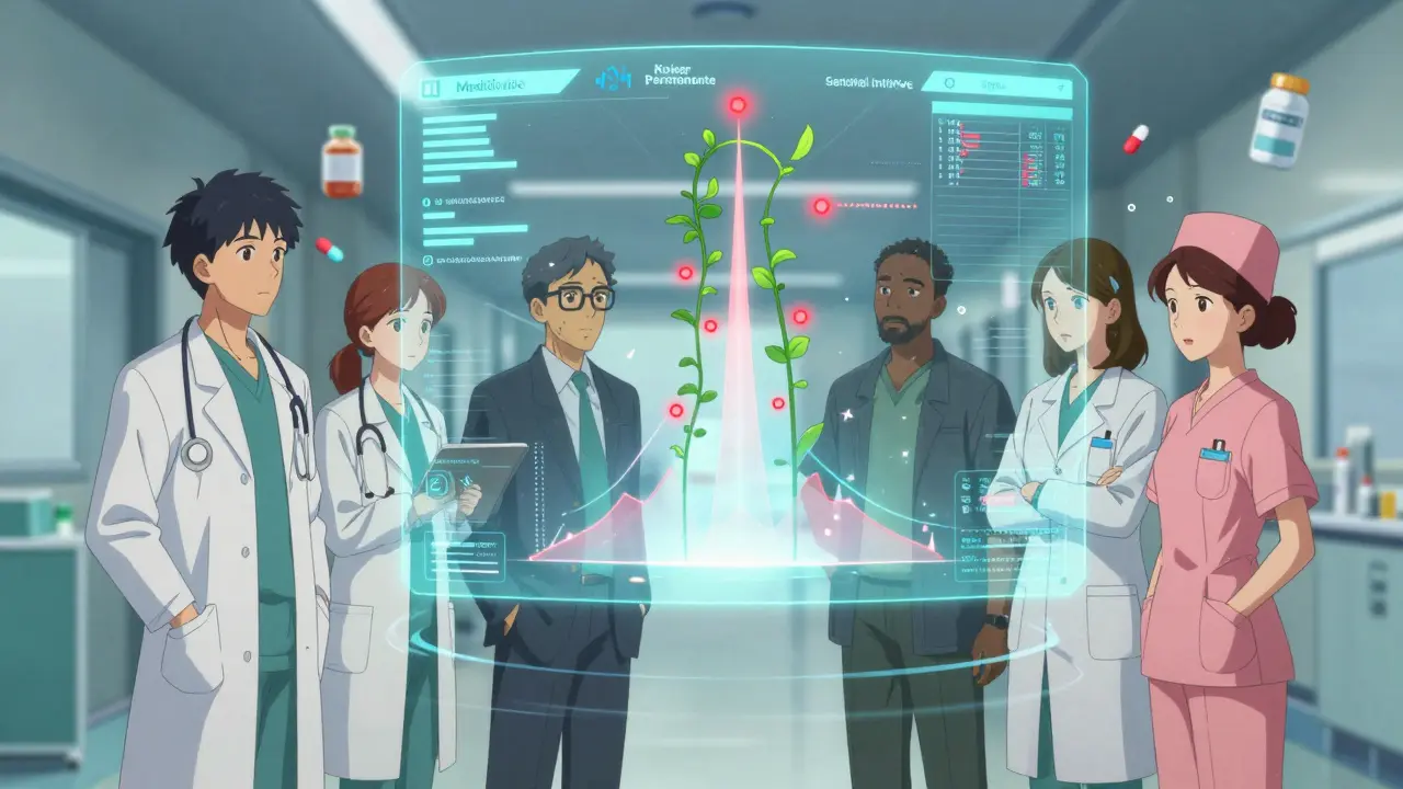 Healthcare team analyzing real-time patient data on a holographic interface with pulsing health metrics.