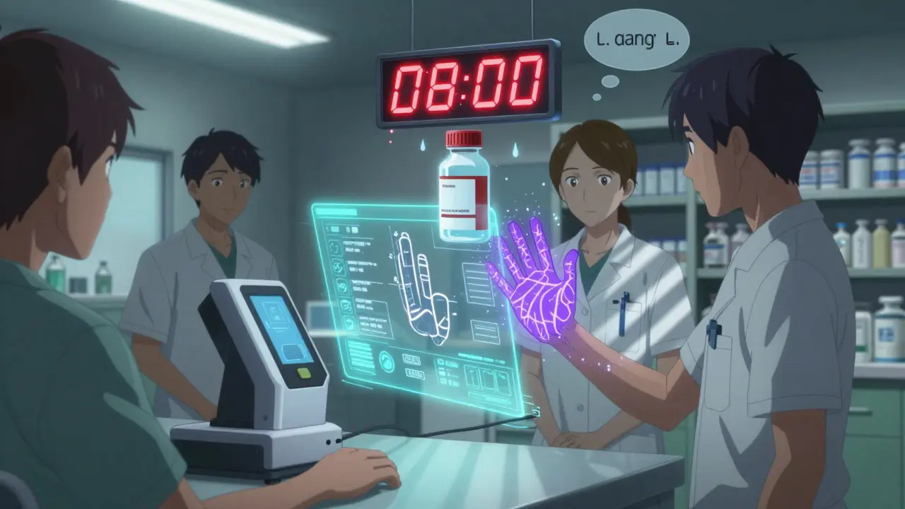 Patient placing hand on palm-vein scanner as holographic medical record appears with error alerts nearby.