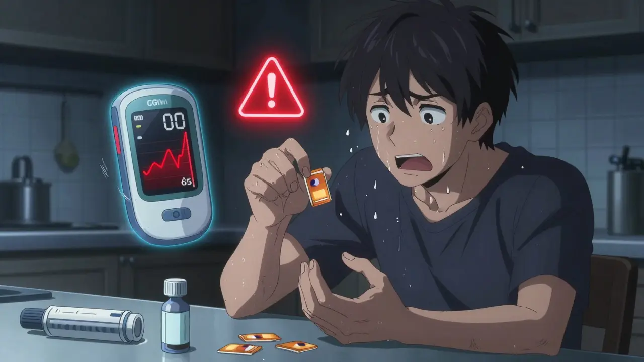 Person experiencing low blood sugar in kitchen, trembling hands reaching for glucose tabs with glowing CGM above.