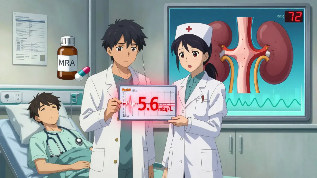 Pharmacist and nurse monitoring a patient's high potassium level with glowing lab data and medication bottles nearby.