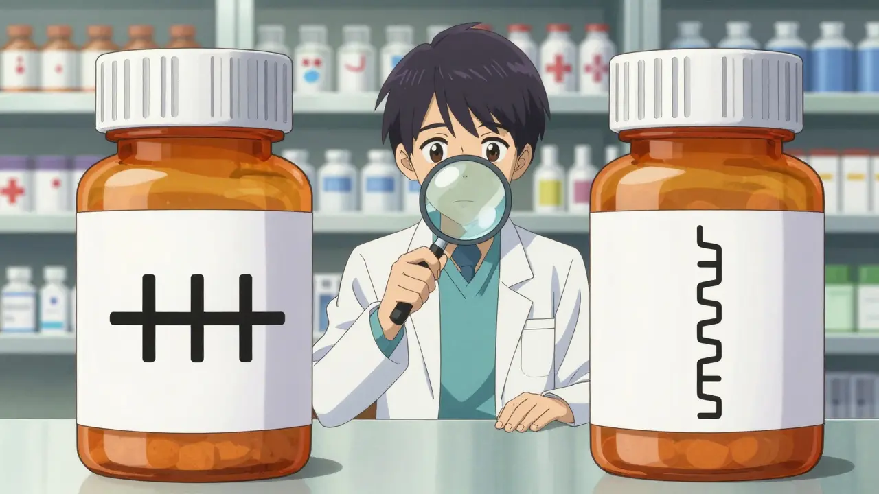 Pharmacist comparing manufacturer and pharmacy expiration labels.