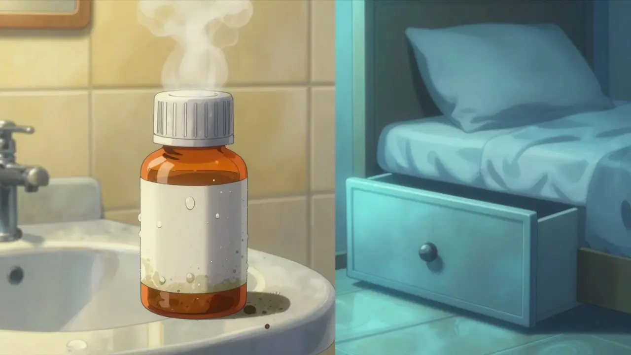 Pill bottle in humid bathroom versus cool dry drawer storage.