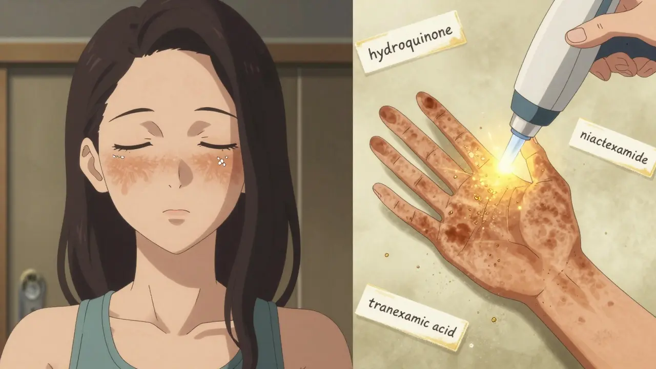 Split scene: one side shows melasma management indoors, other shows sun spots being treated with laser.