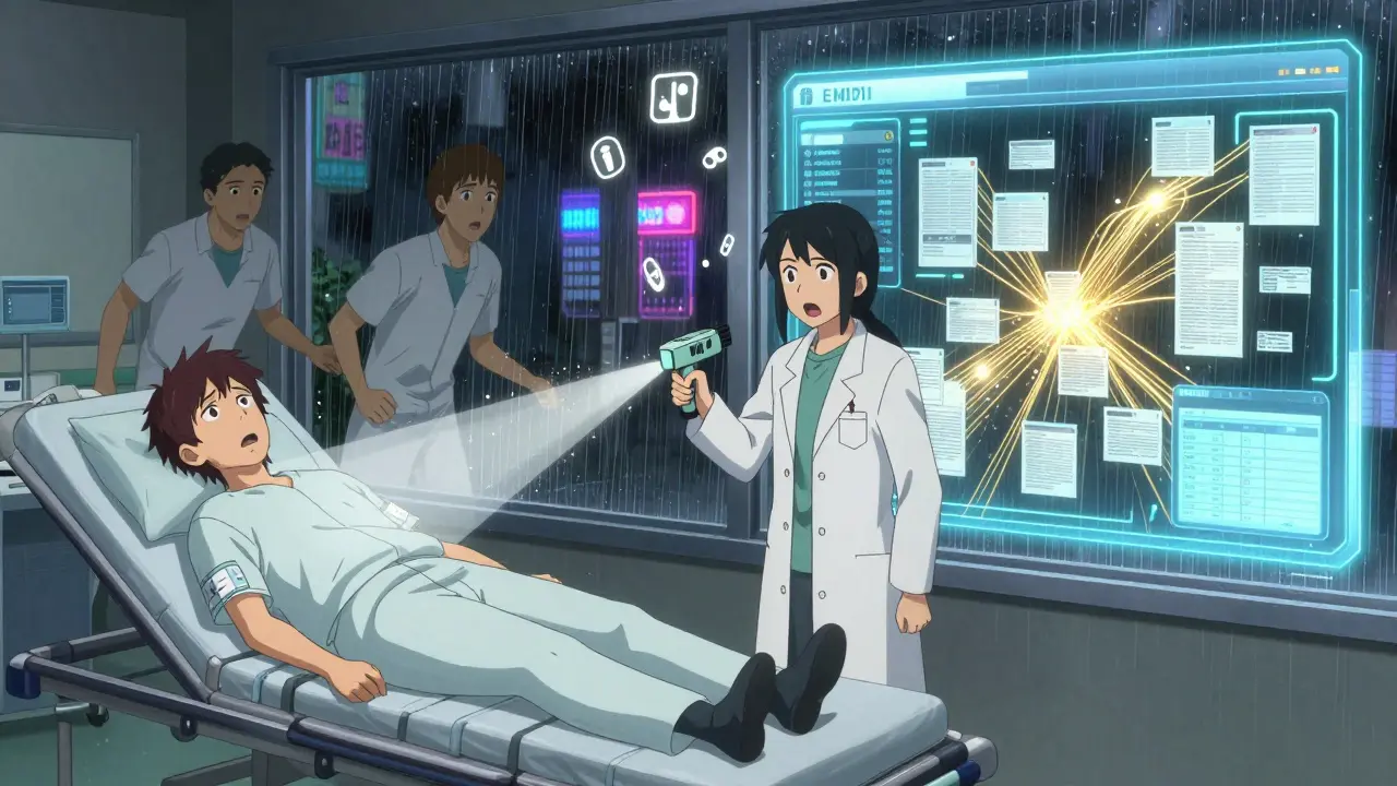 Split scene showing misidentified patient on gurney and EMPI system uniting fragmented health records with golden threads.