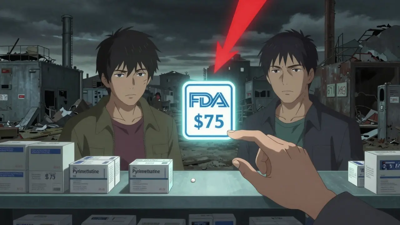 Two manufacturers monopolize a single drug, with a patient reaching for an exorbitantly priced tablet.