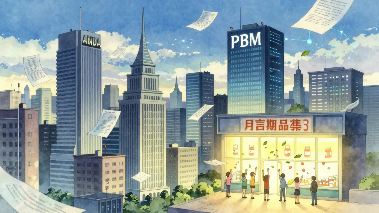 A cityscape of drug approval stages culminates in a pharmacy window where patients reach for life-saving medicine.