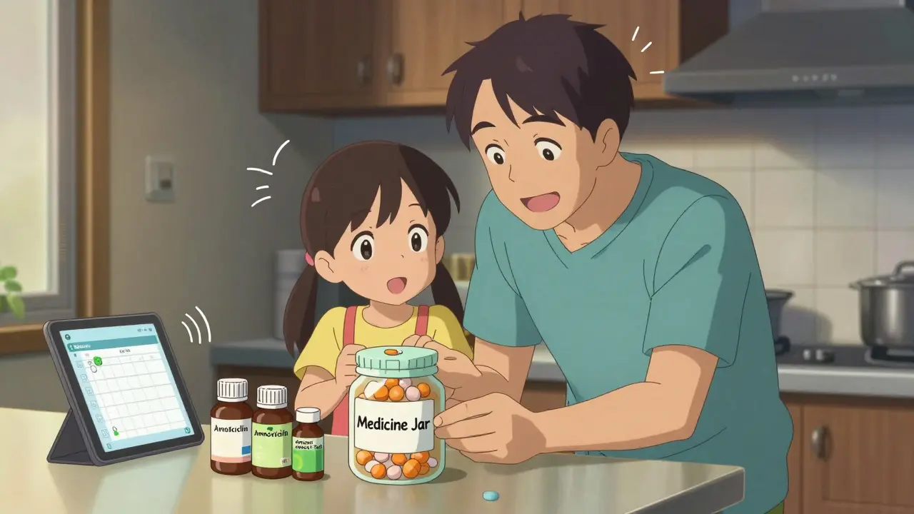 A father and daughter add stickers to a medicine jar, with pill bottles and a medication app visible on the counter.