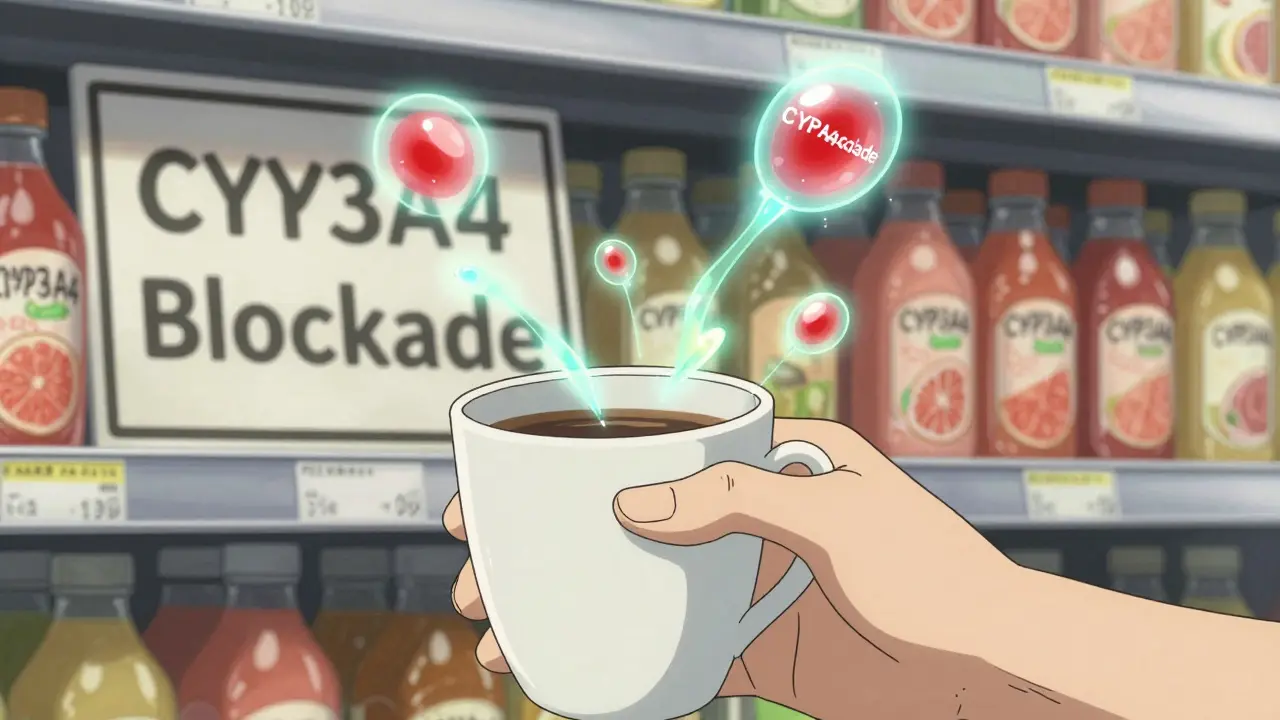 A trembling hand struggles to hold a cup as glowing drug molecules swirl around it, with grapefruit juice in the background labeled as dangerous.