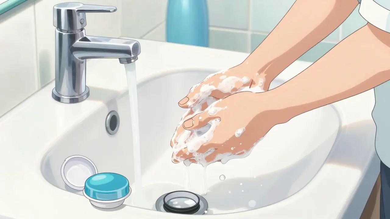 An animated character washing hands with soap at a sink next to a contact lens storage case