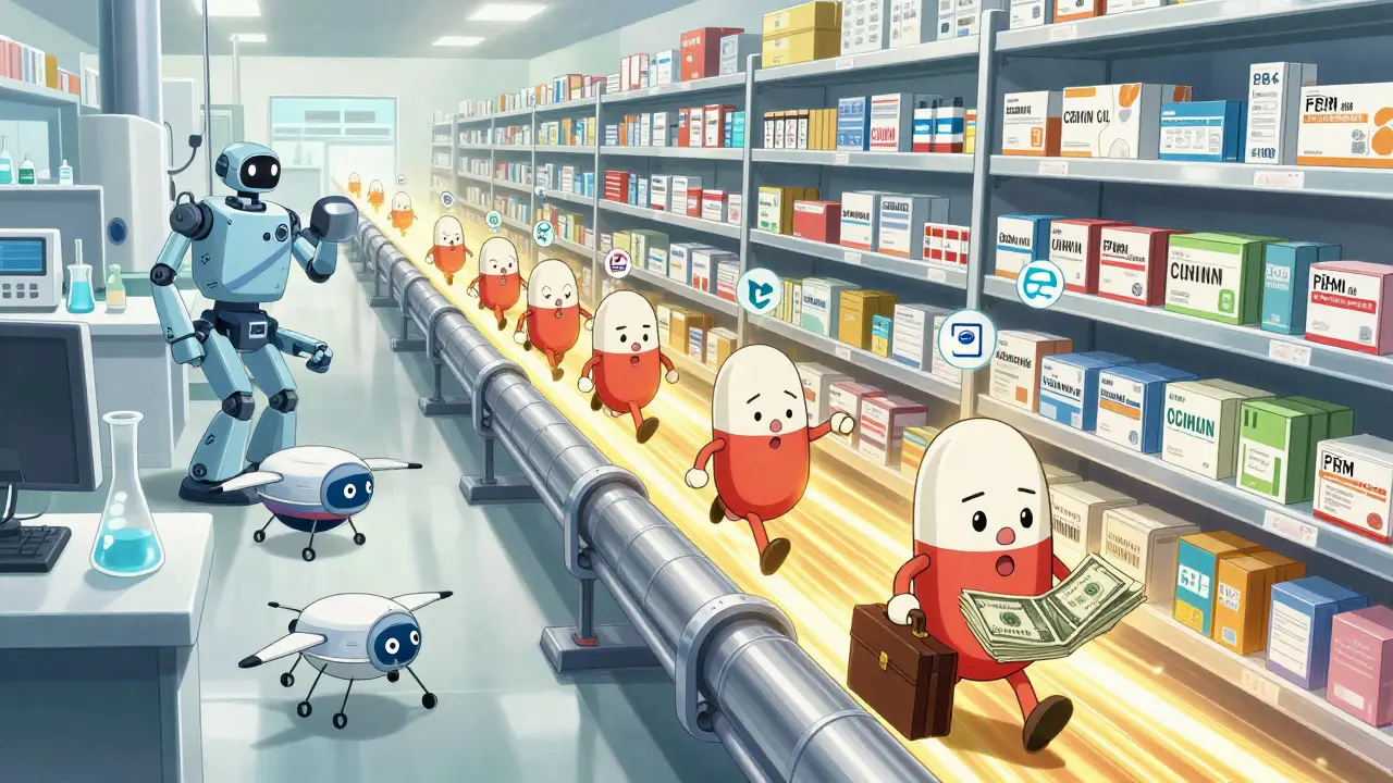 Animated generic pills race through a stylized supply chain from lab to pharmacy shelf with PBM negotiators.