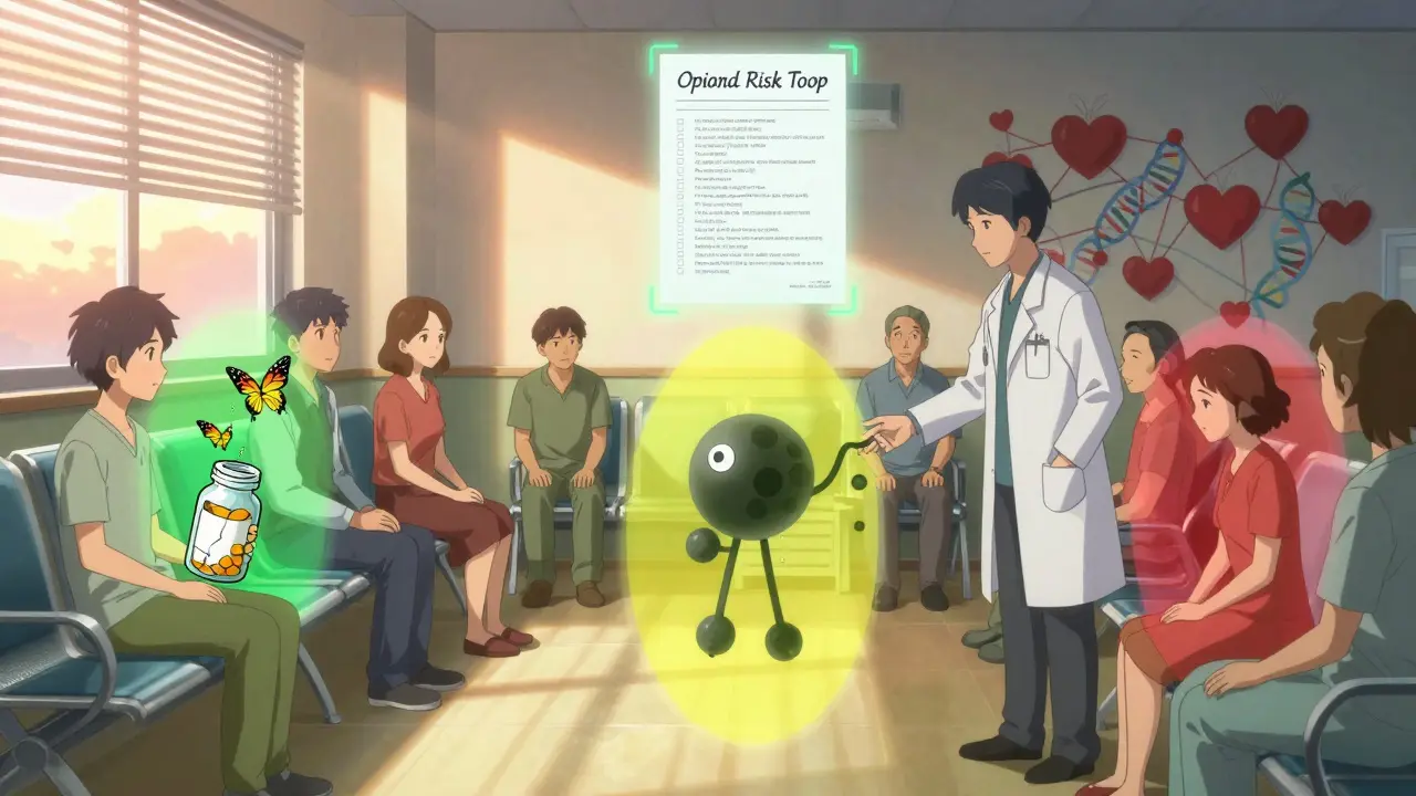 Diverse patients in clinic with risk-level auras, one with dissolving pill bottle, another with fentanyl being removed, Opioid Risk Tool visible.