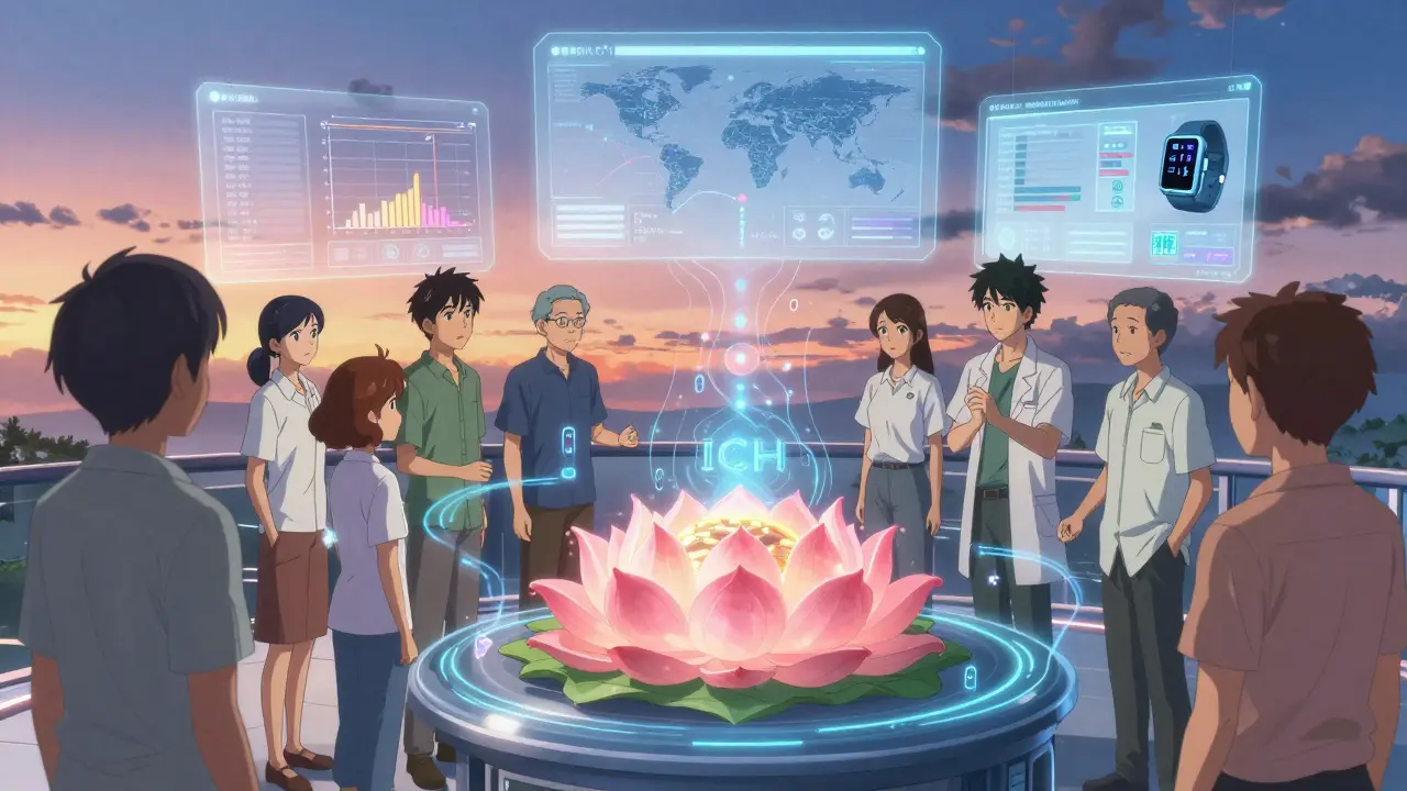 Diverse patients receiving medication as their health data flows into a lotus-shaped ICH core, with AI and wearable inputs floating above.