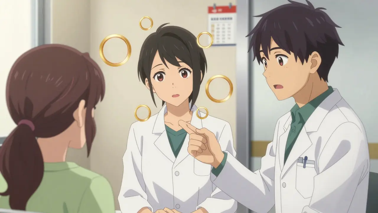 Doctor and patient discussing safe medication timing in a clinic.