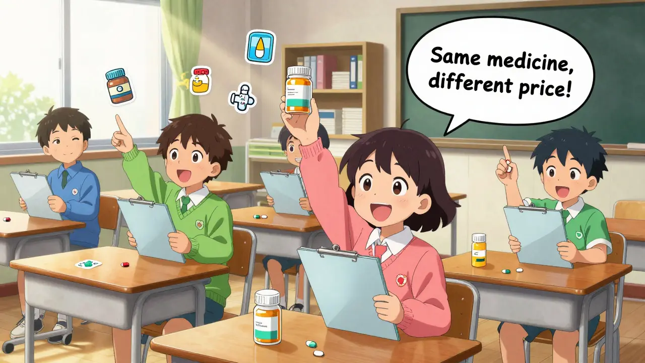 Elementary students play a classroom game, identifying medicine bottles with clipboards and comparing pill labels.