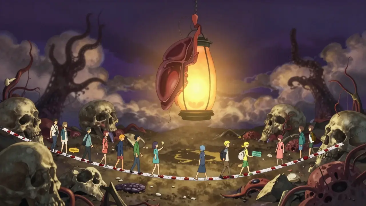 Patients walk a tightrope over a battlefield of organ damage, with a glowing seed labeled 'Operational Tolerance' floating above them.