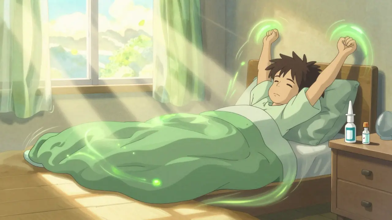 Refreshed character stretching in sunlight near non-drowsy allergy aids.