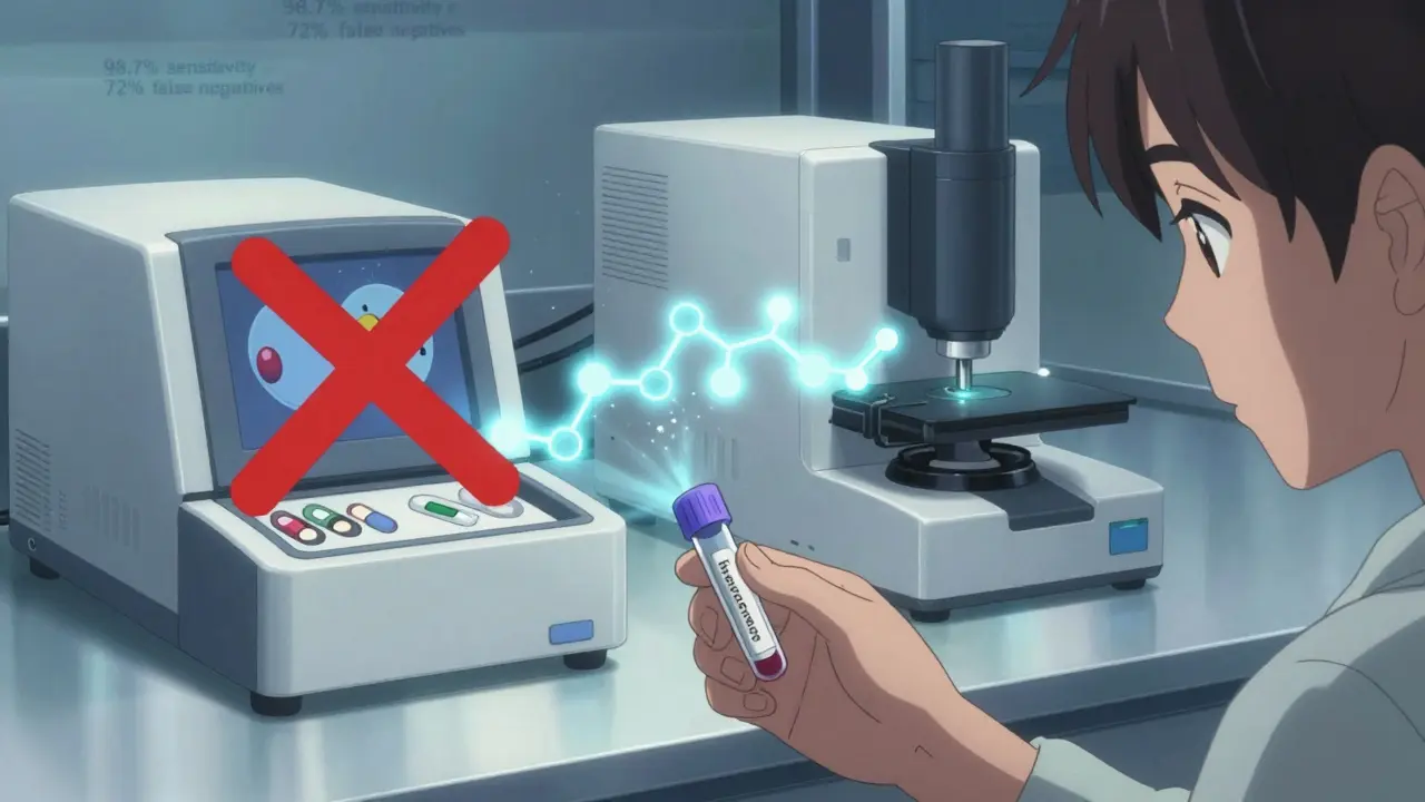 Split lab scene: outdated test failing to detect drugs vs. advanced machine accurately identifying them, patient holding vial.