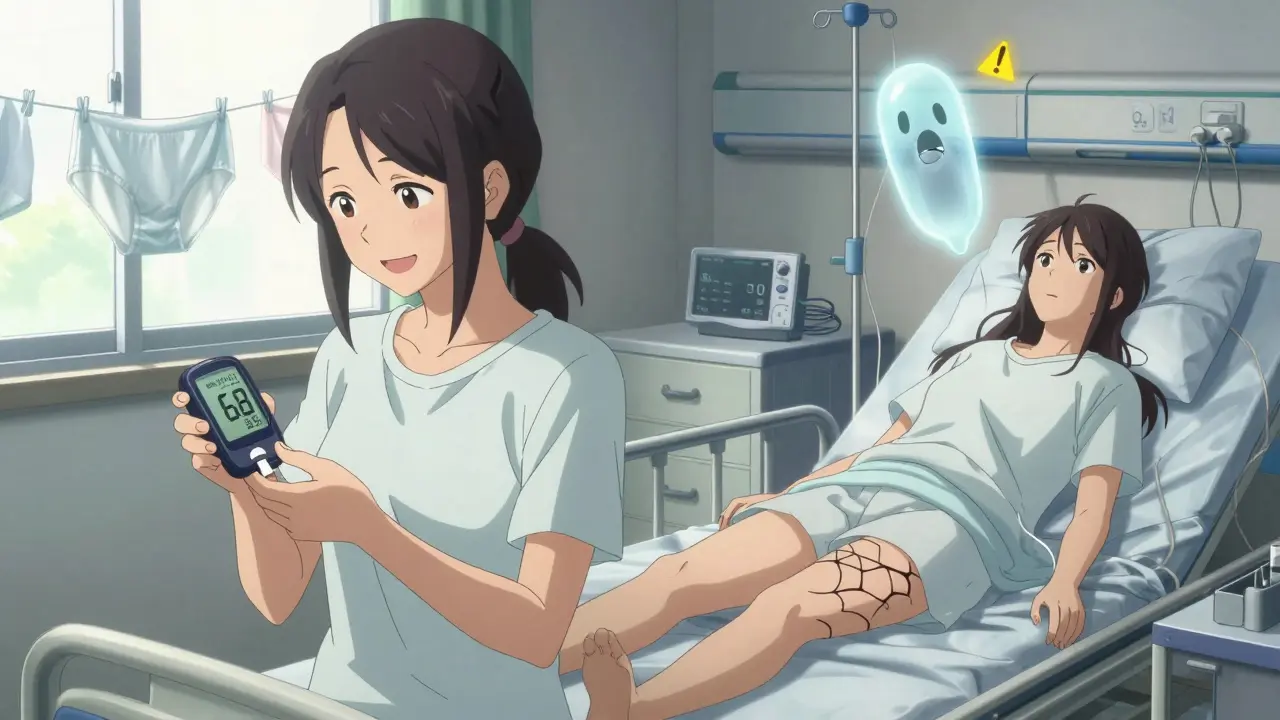 Split scene: calm daily life vs. hospital emergency, with SGLT2 inhibitor pill emitting a warning symbol.