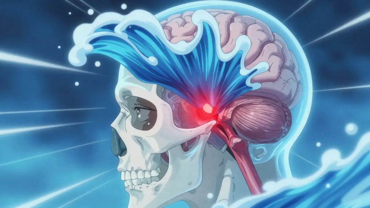 Stylized illustration of brain pressure rising inside a translucent skull.