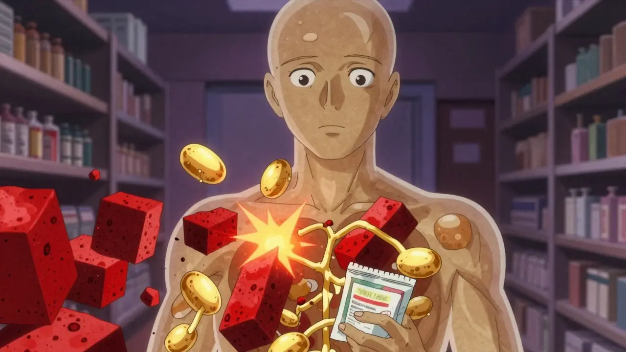 Stylized internal view showing red blocks interrupting golden neural pathways.