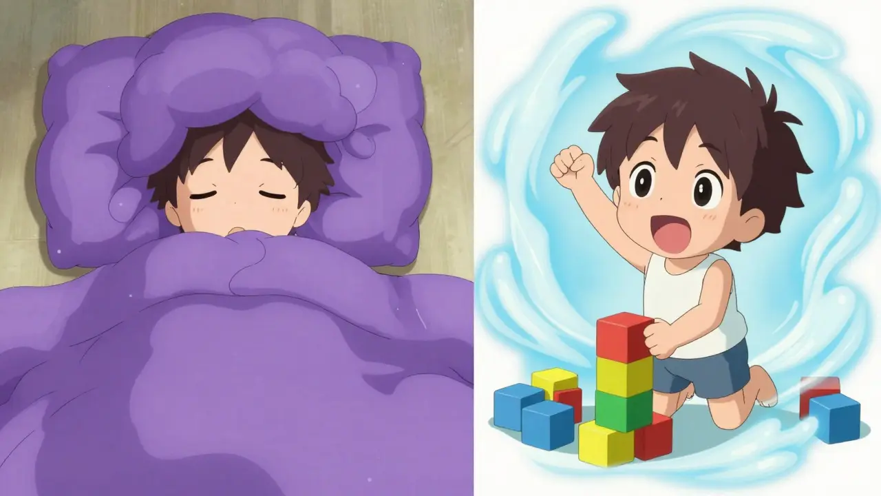 A child feeling sleepy in a purple cloud versus an energetic child in a light blue breeze