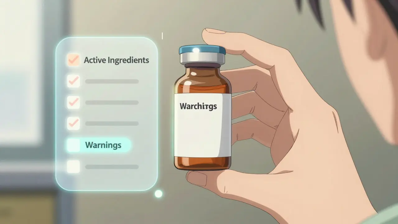 A close-up of a hand holding a medicine bottle with glowing safety checklists floating around it.