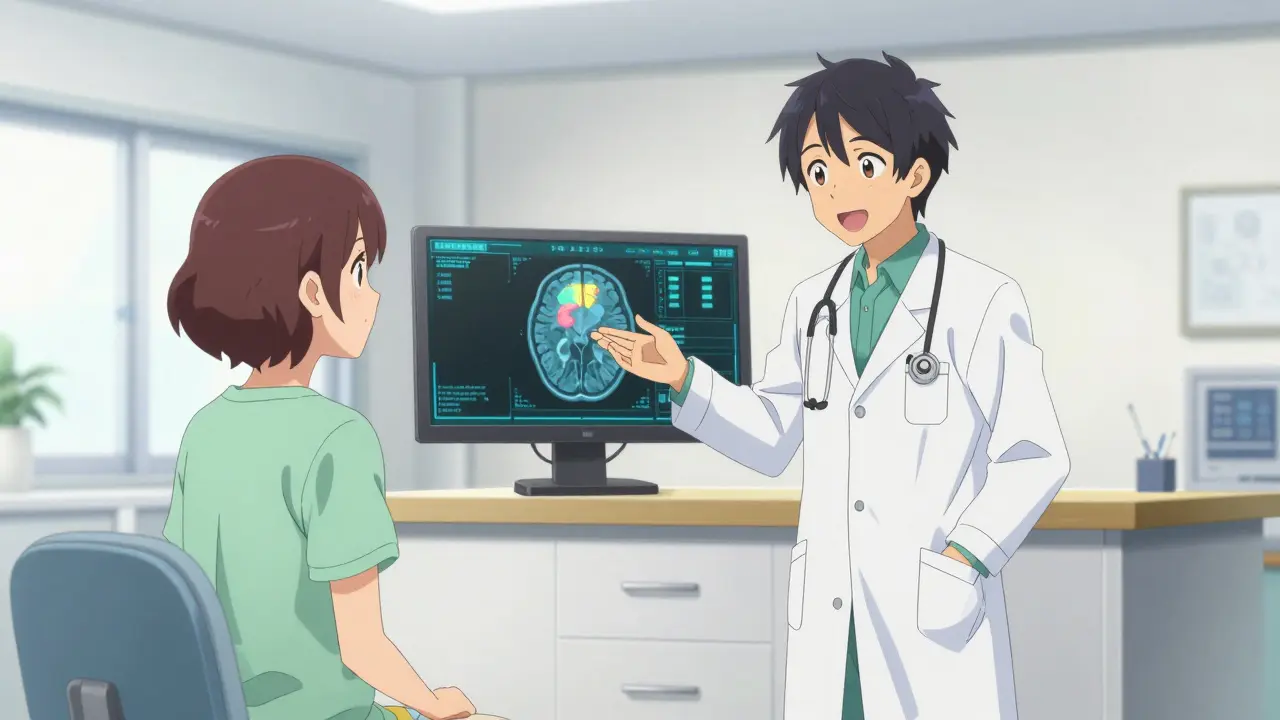 A doctor and patient discussing a brain scan and recovery plan in a bright clinic.