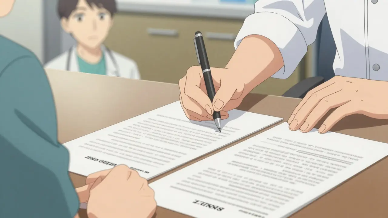 A person signing two separate medical consent and payment forms.