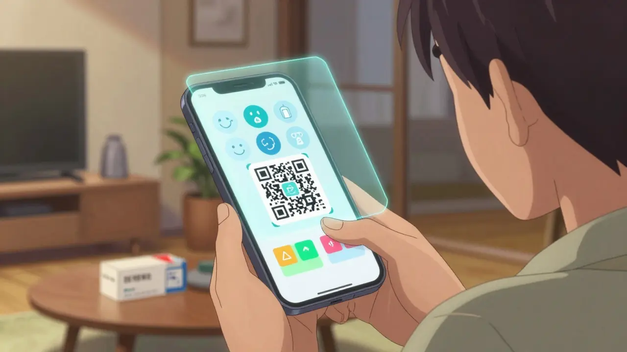 A person using a smartphone to scan a QR code on a medicine box, triggering a holographic guide.