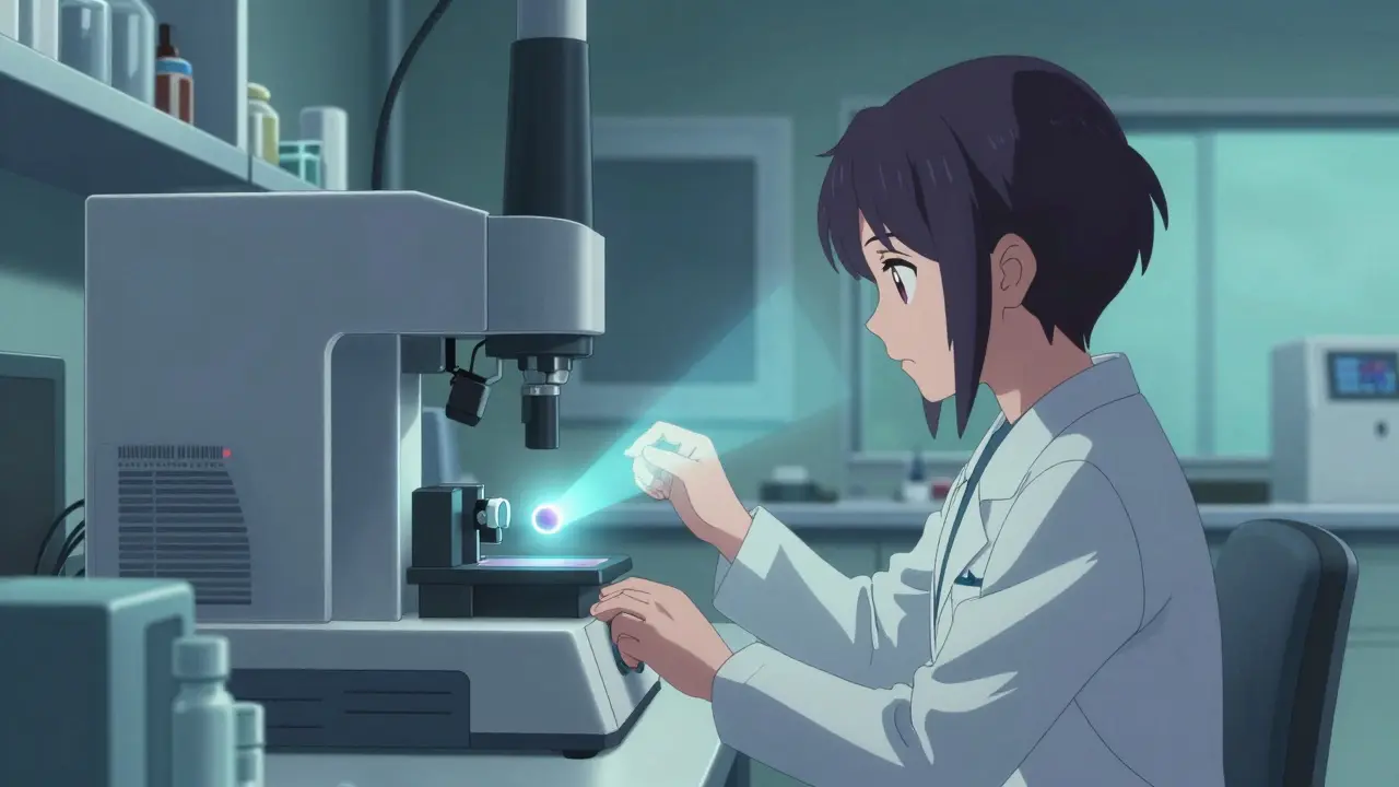 Allergist analyzing samples with advanced diagnostic technology in lab