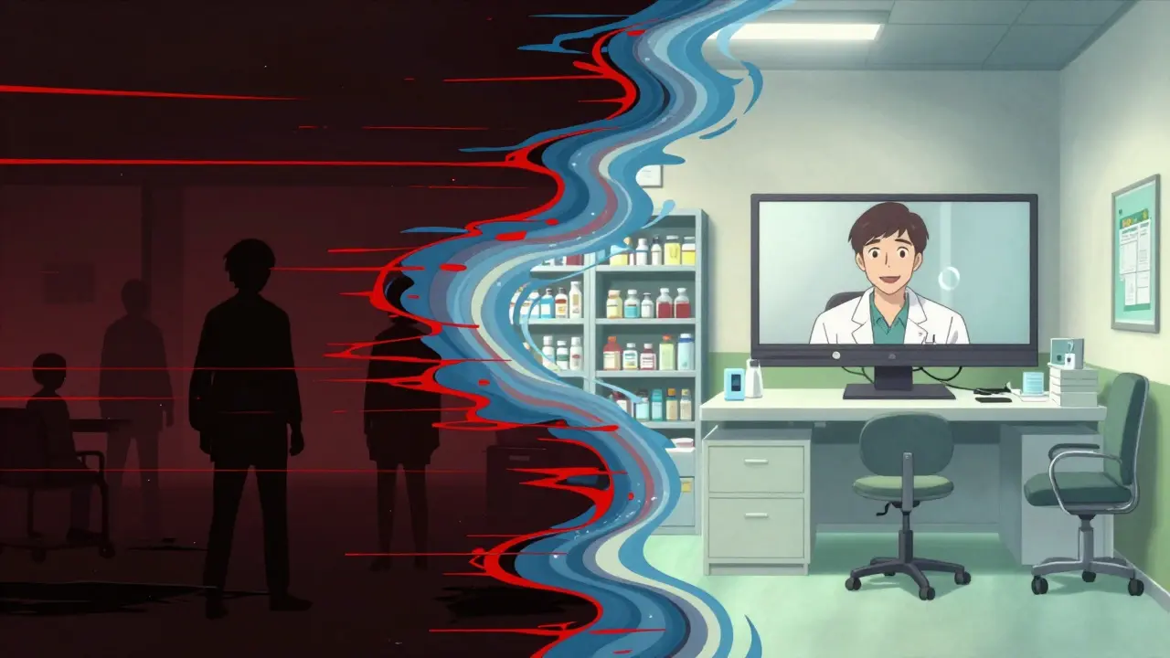 Anime style conceptual art contrasting a dark scam site with a bright telehealth call.