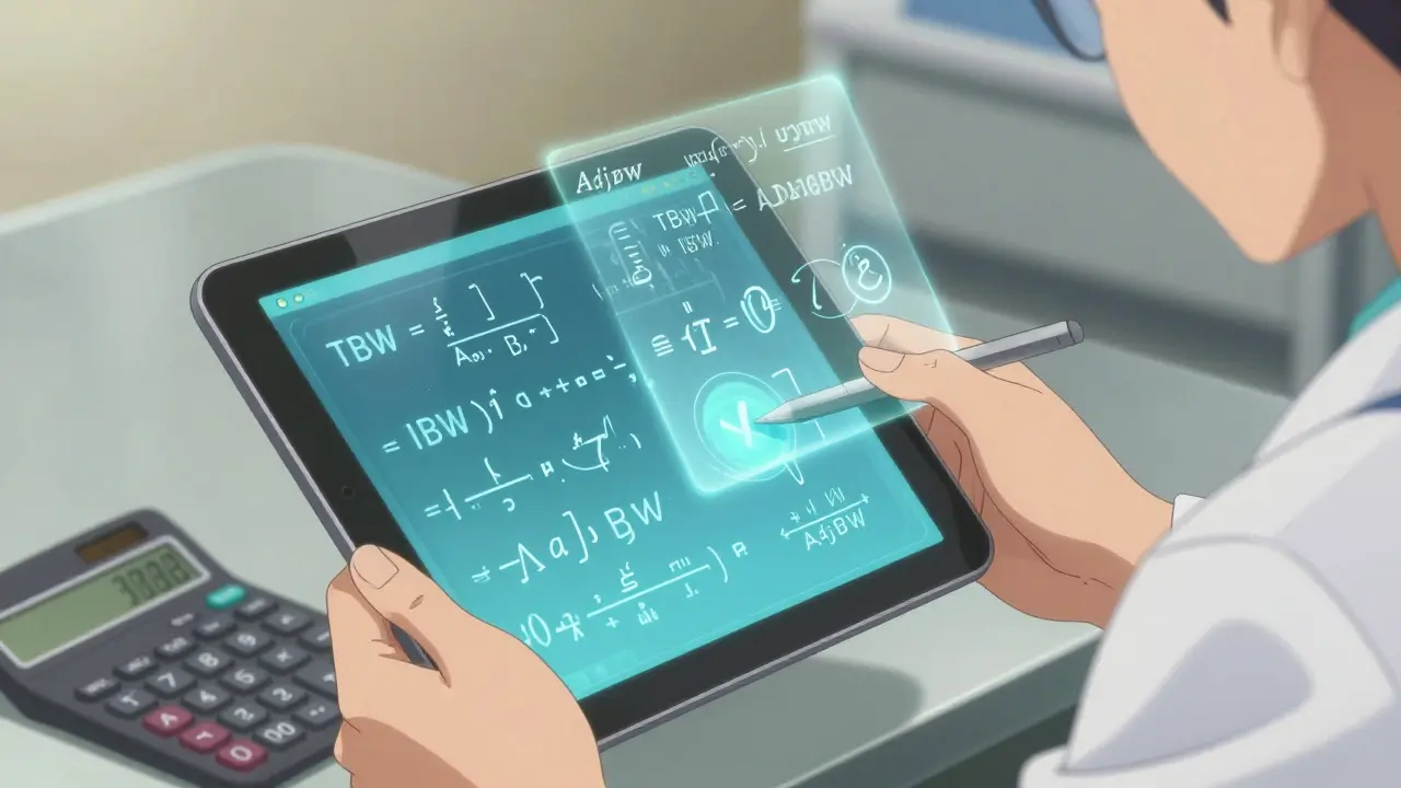 Clinician using a tablet and calculator to determine adjusted body weight for medication dosing.