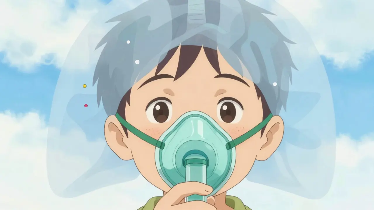 Close-up of a child using a spacer mask to deliver medication to the lungs