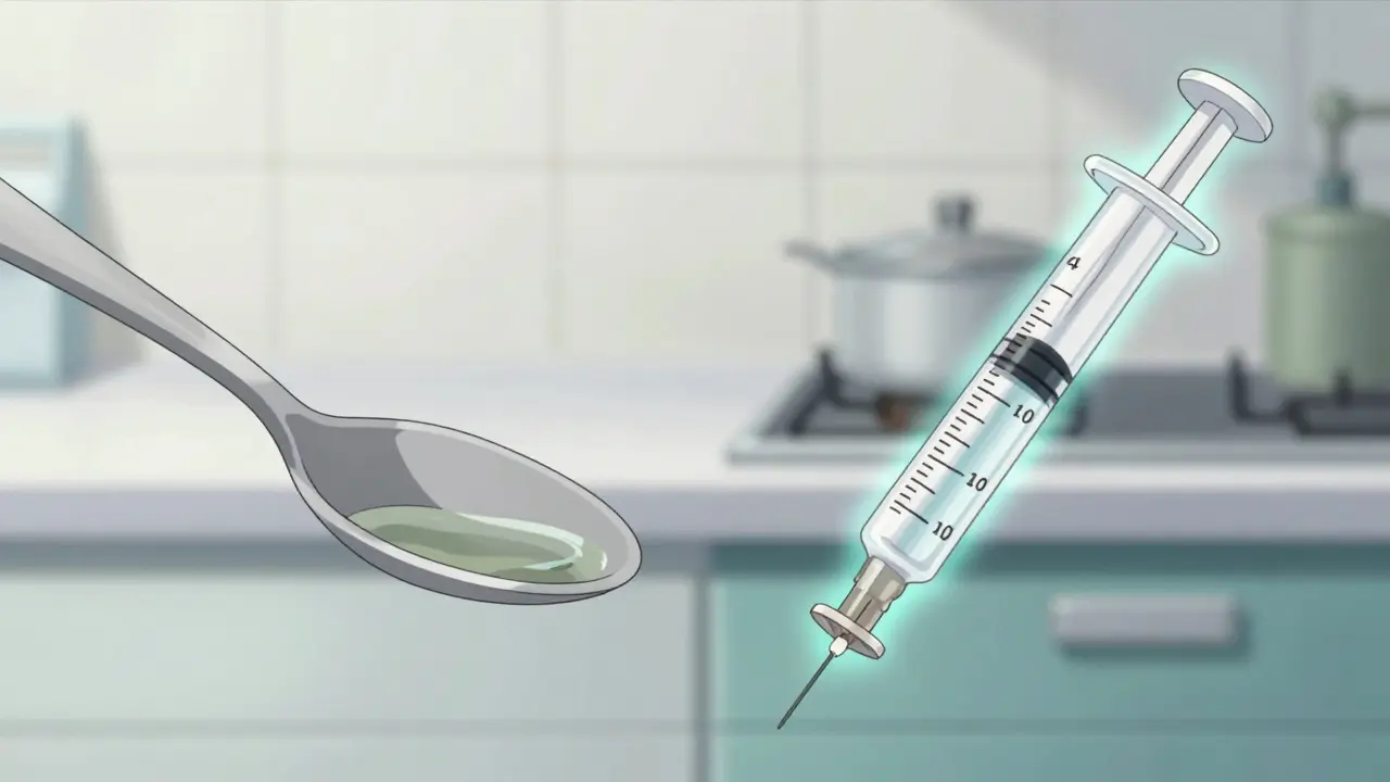 Comparison between an imprecise kitchen spoon and a precise medical dosing syringe