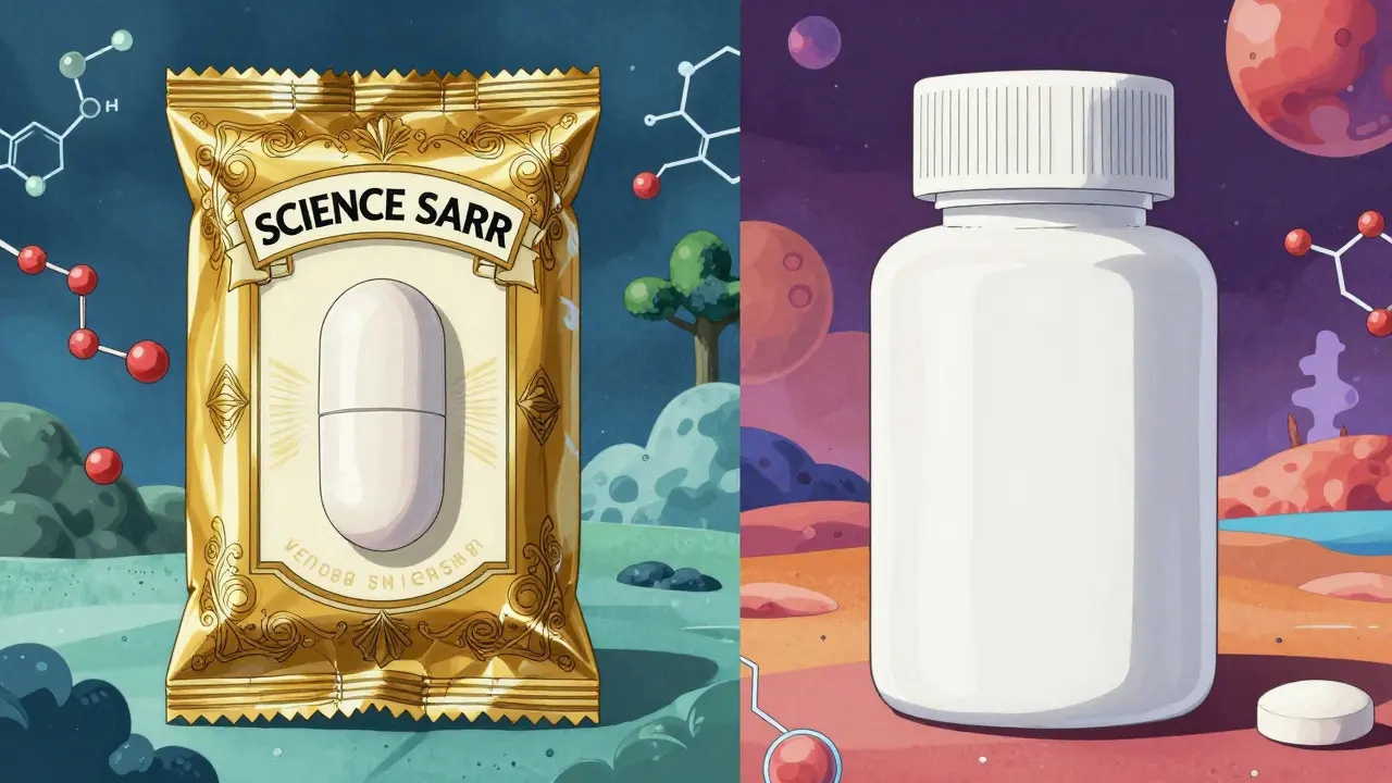 Comparison of a luxury branded pill and its identical plain generic counterpart.