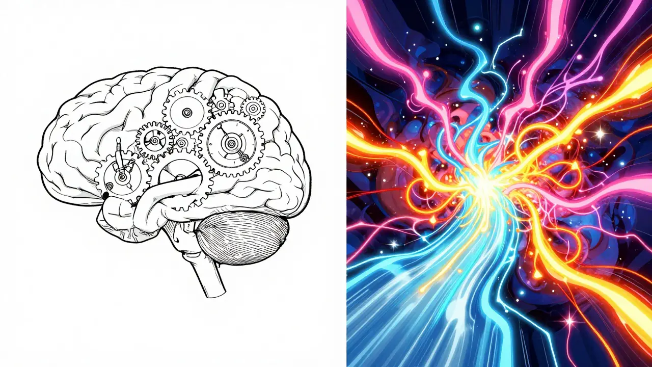 Conceptual art comparing the brain's autonomic system and the reward pathway.