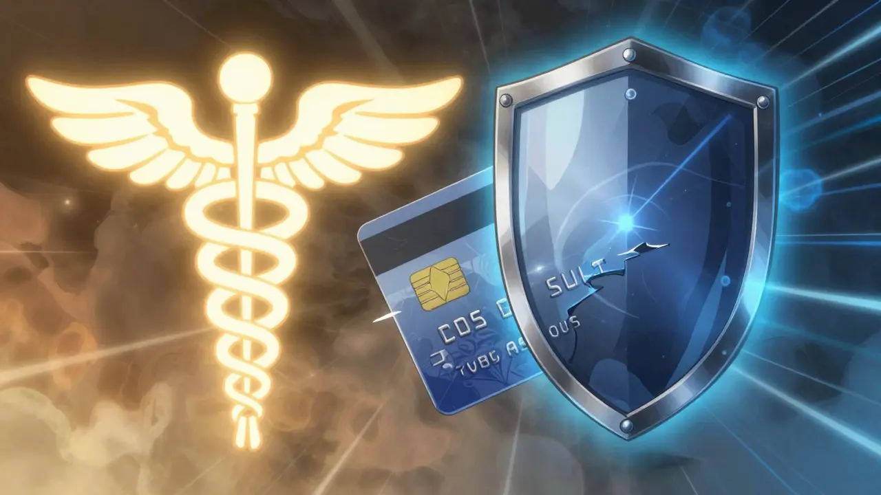 Conceptual art showing a credit card breaking a protective shield of medical debt.