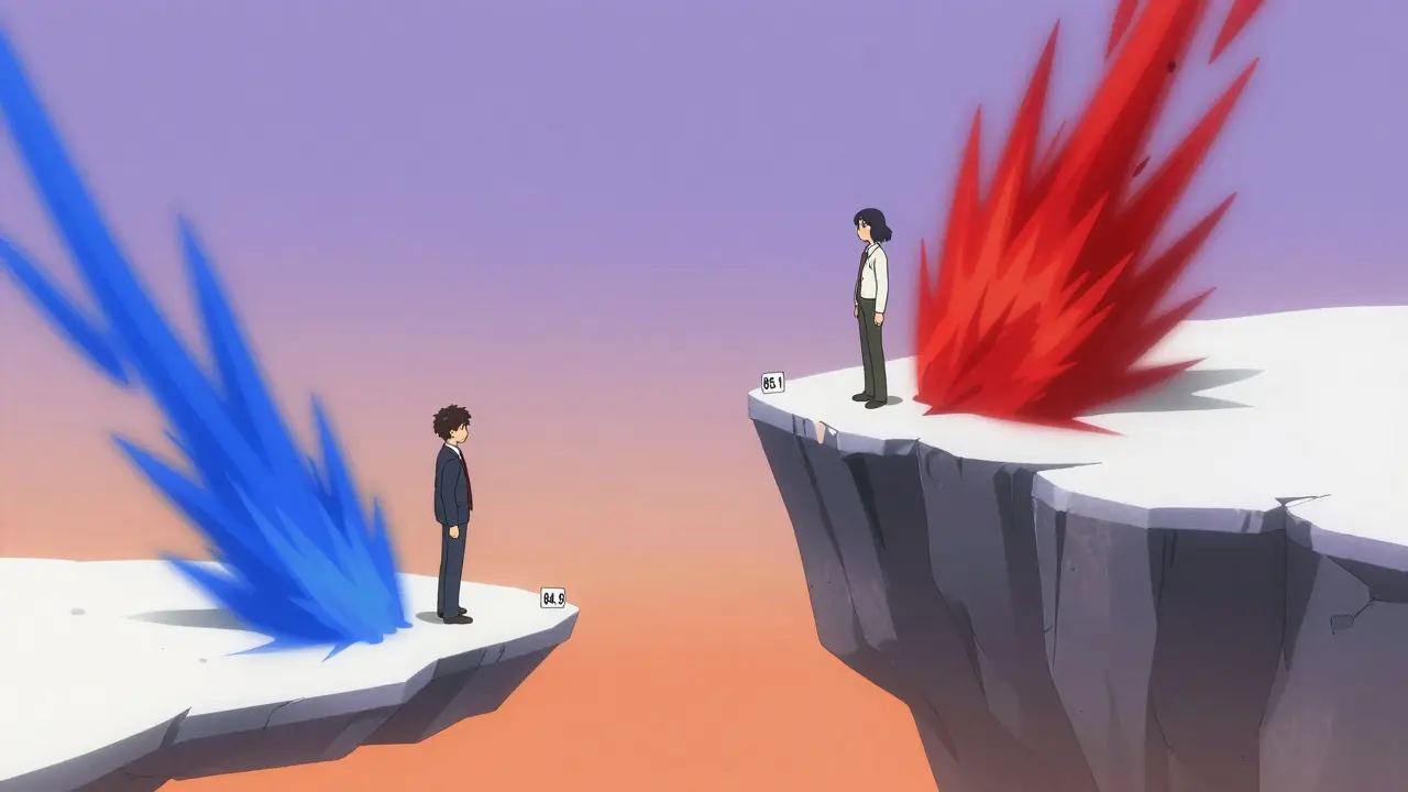 Metaphorical illustration of the abrupt difference in drug dosing at a specific weight threshold.